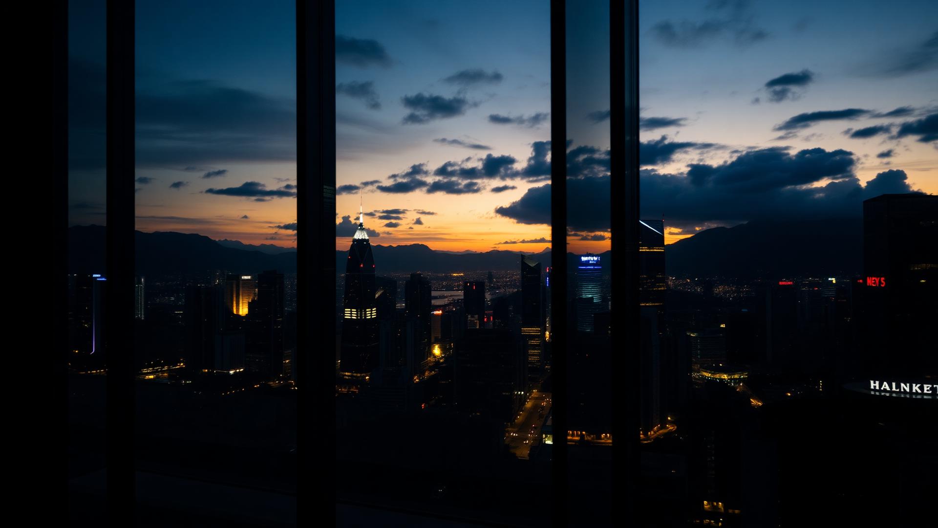 Hong Kong skyline through layered glass at dusk