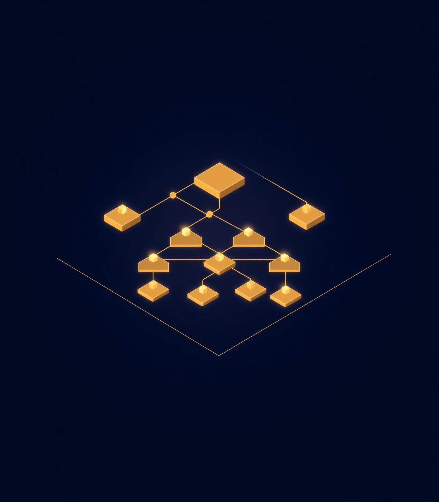 Isometric organizational blueprint with golden nodes