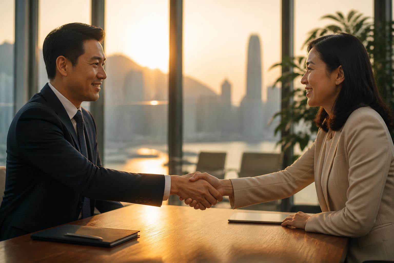 Handshake against warm office light