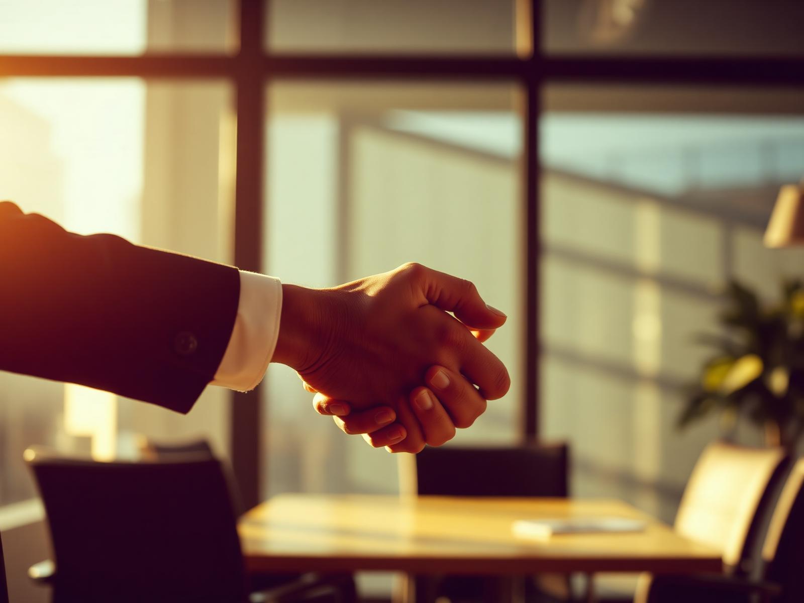 Handshake against warm office light